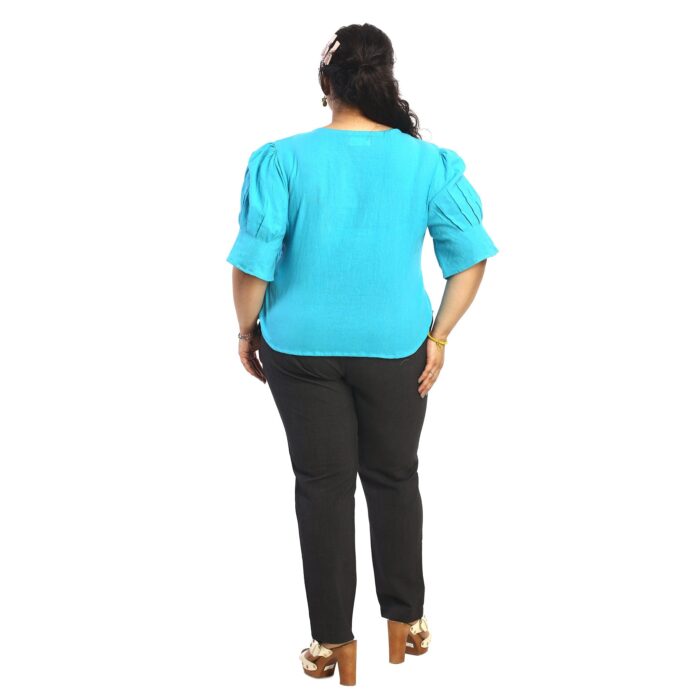 Blue casual box pleat top back view