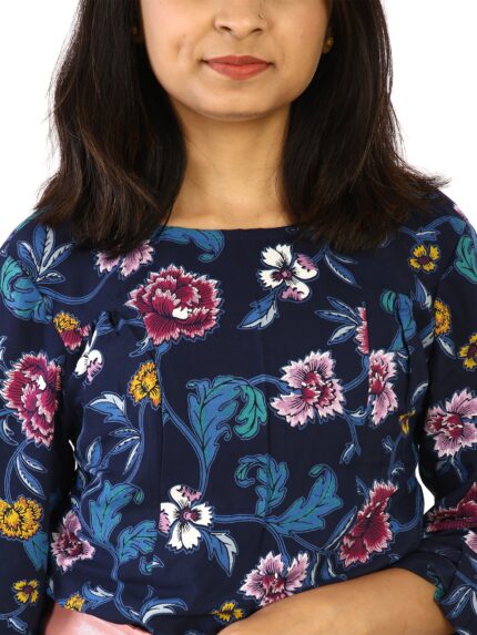 Blue floral print roll-up sleeves top front view