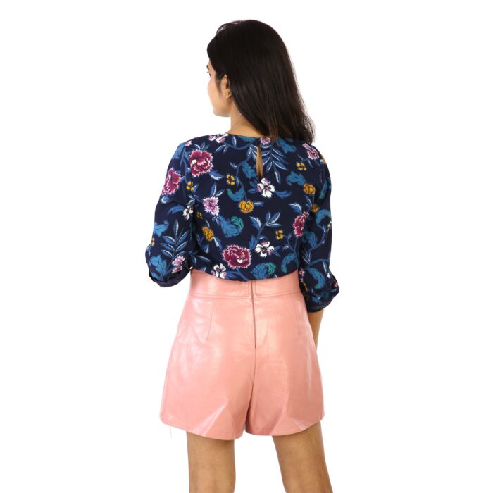 Blue floral print roll-up sleeves top back view