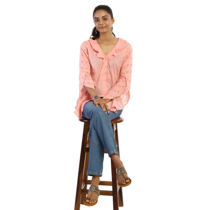 Relaxed Ruffle Sleeves Frill Top sitting on stool
