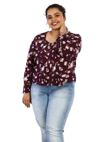 Elegant Maroon Floral Top For Office front view