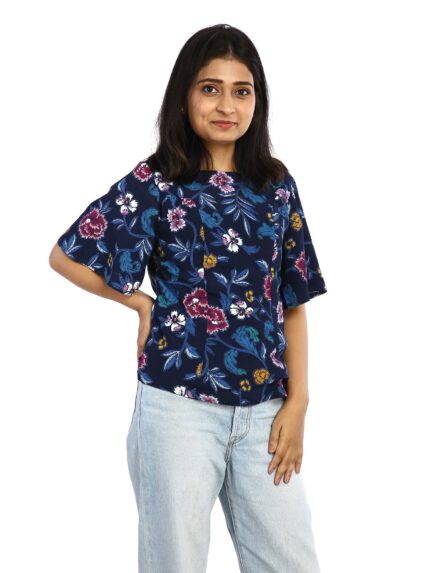 Moss crape floral boat neck top top view