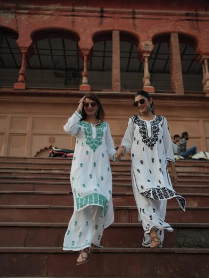 Thread Embroidered Beautiful White base Kurta and Palazzo set-Black