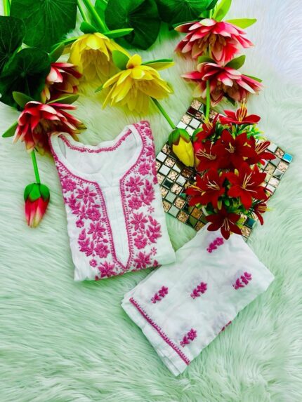 Thread Embroidered Beautiful White base Kurta and Palazzo set-Pink