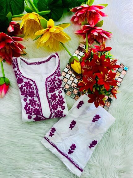 Thread Embroidered Beautiful White base Kurta and Palazzo set-Purple