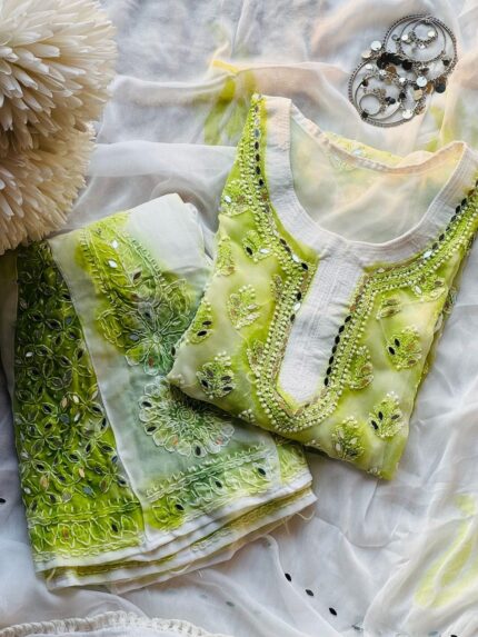 Green Spray Printed Mirror work Chikankari Kurta and Palazzo Set with Dupatta with Inner
