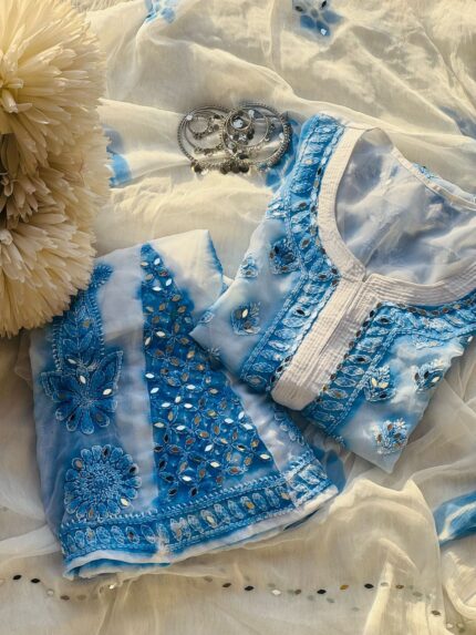 Blue Spray Printed Mirror work Chikankari Kurta and Palazzo Set with Dupatta with Inner