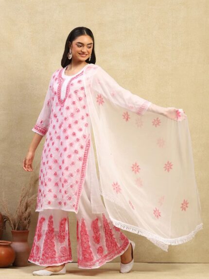 Pink Spray Printed Mirror work Chikankari Kurta and Palazzo Set with Dupatta with Inner