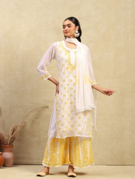 Yellow Spray Printed Mirror work Chikankari Kurta and Palazzo Set with Dupatta with Inner