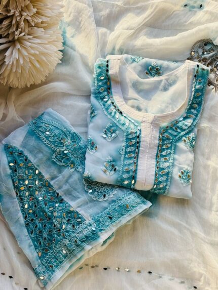 Sea Green Spray Printed Mirror work Chikankari Kurta and Palazzo Set with Dupatta with Inner