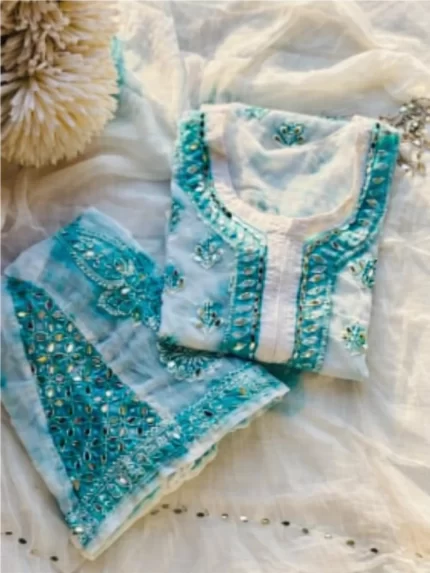 Blue Spray Printed Mirror work Chikankari Kurta and Palazzo Set with Dupatta with Inner