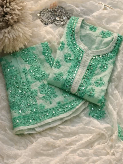 Green Spray Printed Mirror work Chikankari Kurta and Palazzo Set with Dupatta with Inner