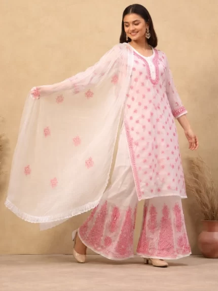 Pink Spray Printed Mirror work Chikankari Kurta and Palazzo Set with Dupatta with Inner