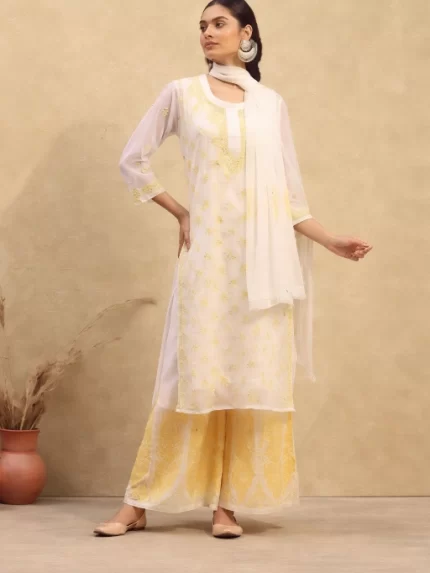Yellow Spray Printed Mirror work Chikankari Kurta and Palazzo Set with Dupatta with Inner