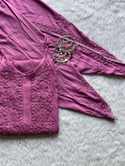 Noodle Strap Chikankari Kurta and Dhoti Set - dark magenta
