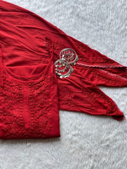 Noodle Strap Chikankari Kurta and Dhoti Set - Red