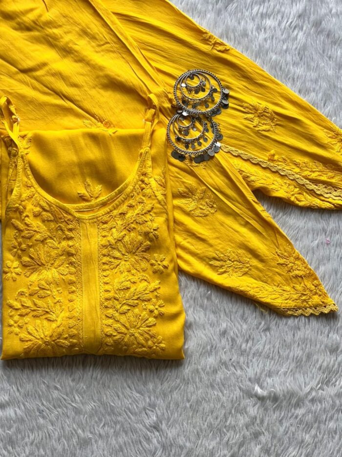 Noodle Strap Chikankari Kurta and Dhoti Set - Yellow