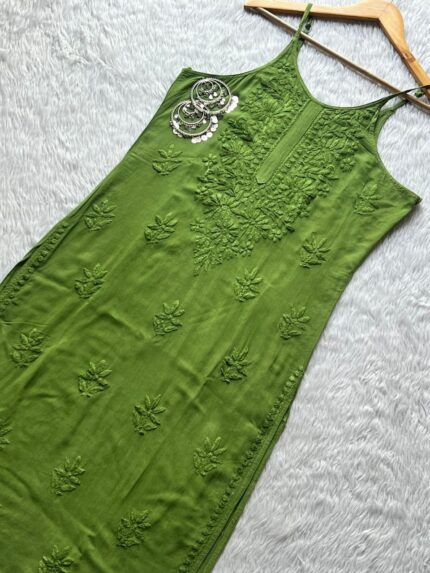 Noodle Strap Chikankari Kurta and Dhoti Set - Dark Green