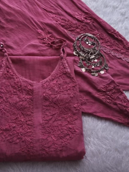 Noodle Strap Chikankari Kurta and Dhoti Set - dark magenta