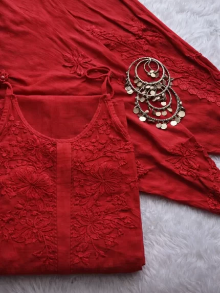 Noodle Strap Chikankari Kurta and Dhoti Set - Red