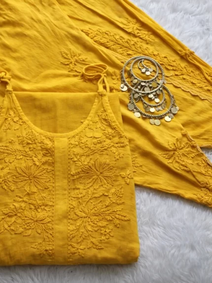 Noodle Strap Chikankari Kurta and Dhoti Set - Yellow