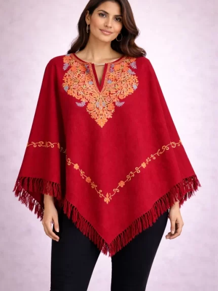 Kashmiri Ponchu - Maroon Red