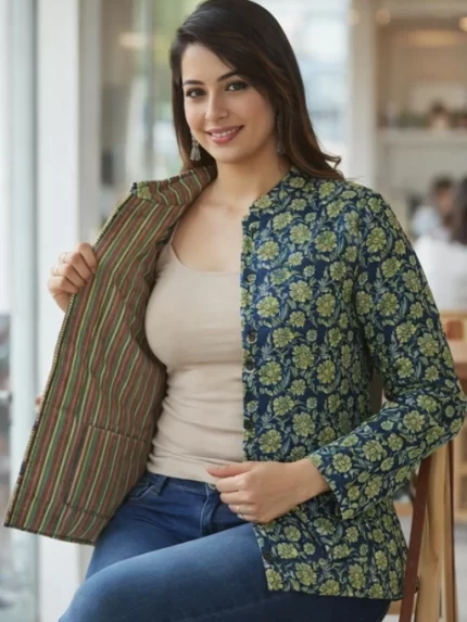 Short Jaipuri Quilted Reversible Jackets – Green Floral