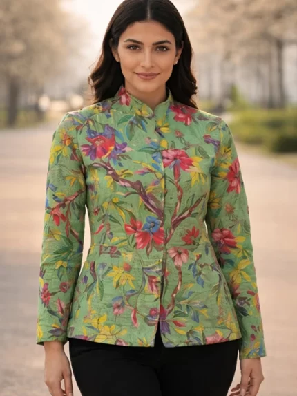 Short Jaipuri Quilted Reversible Jackets– Green Floral / Pink Floral