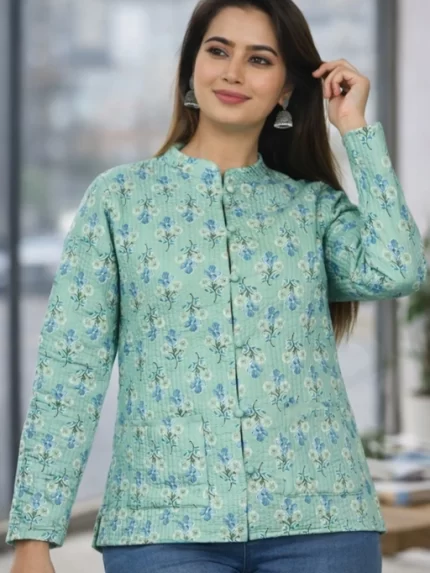 Short Jaipuri Quilted Reversible Jackets – Sea Green Floral Printed