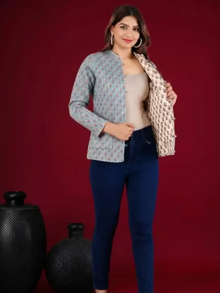 Short Jaipuri Quilted Reversible Jackets – Light Blue Printed