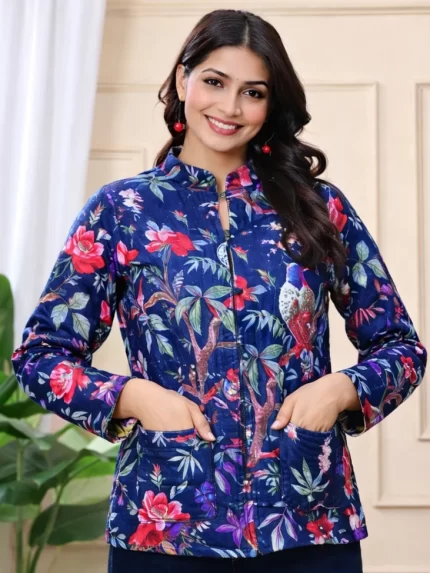 Short Jaipuri Quilted Reversible Jackets – Blue Pink Floral
