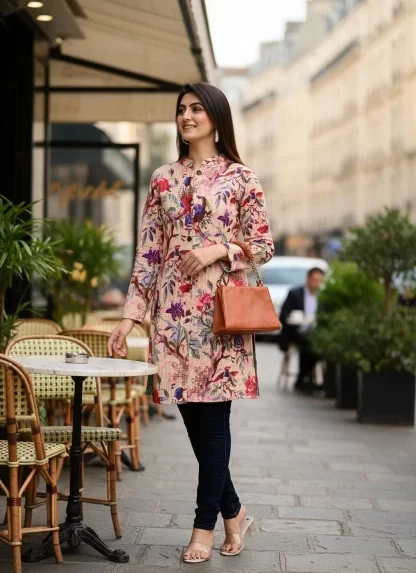 Long Coat For Winter Season - Pink Beige Printed