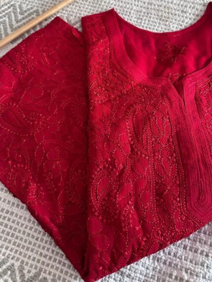 Premium Beautiful Resham Viscose Jaal Kurti - Red