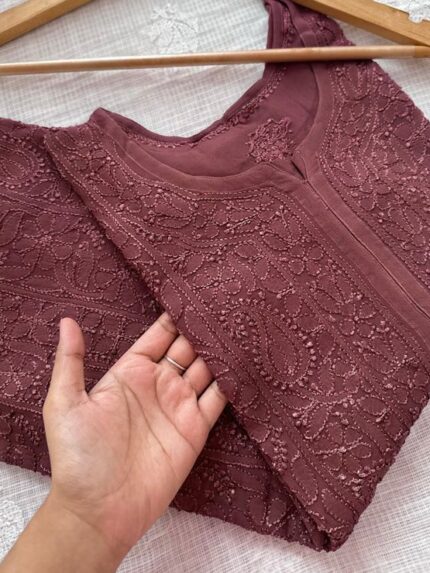 Premium Beautiful Resham Viscose Jaal Kurti - Brown