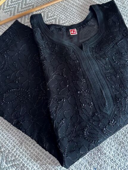 Premium Beautiful Resham Viscose Jaal Kurti - Black