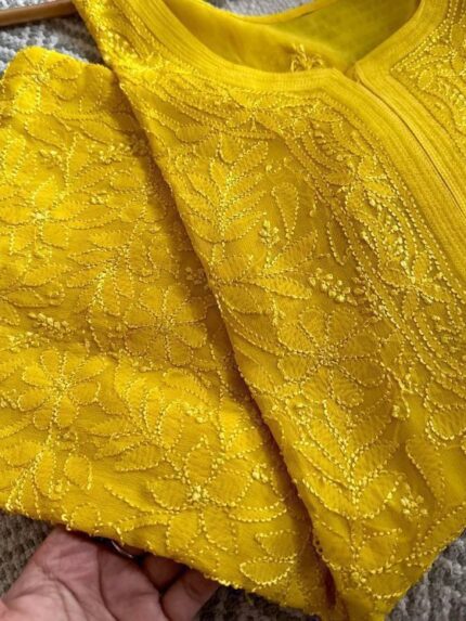 Premium Beautiful Resham Viscose Jaal Kurti - Yellow