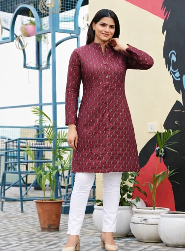 Long Coat For Winter Season - Maroon-Yellow Print