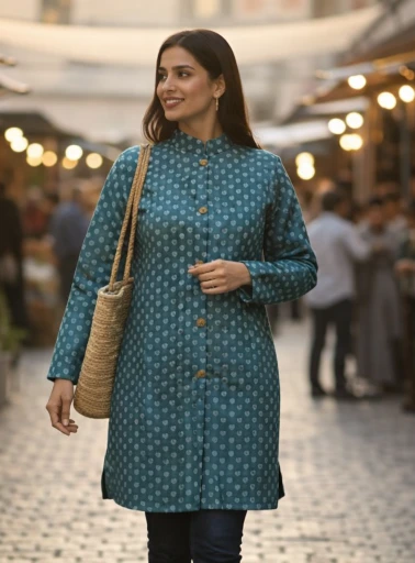 Long Coat For Winter Season - Blue Green Printed