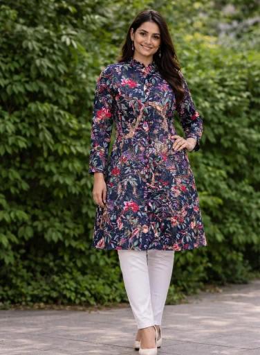 Long Coat For Winter Season - Blue-Yellow Print