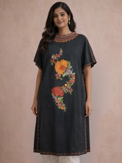 Embroidered Collar Kaftan - Charcoal Grey