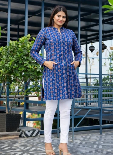 Long Coat For Winter Season - Dark Blue Printed