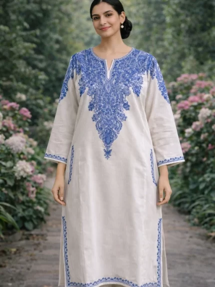 Designer Kashmiri Pherans - White Cobalt