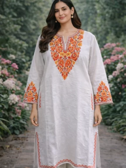 Designer Kashmiri Pherans - White Orange