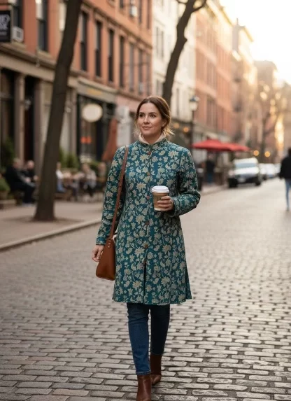 Long Coat For Winter Season - Green Printed