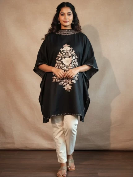 Embroidered Collar Kaftan - Black