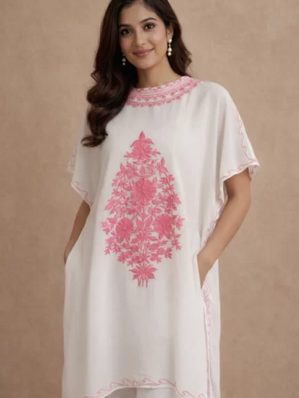 Embroidered Collar Kaftan - White Pink Print