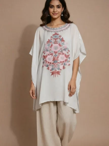 Embroidered Collar Kaftan - White Red Print