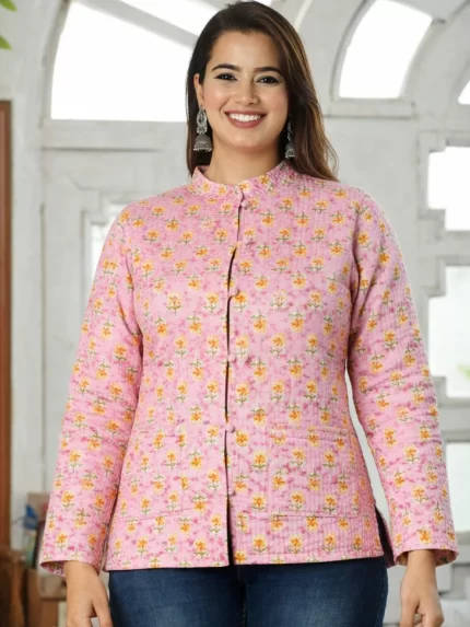 Short Jaipuri Quilted Reversible Jackets – Light Pink Printed
