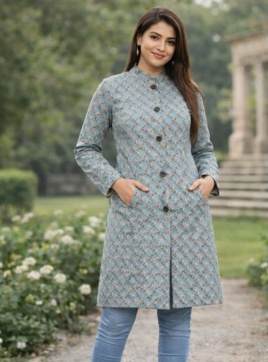 Long Coat For Winter Season - Light Blue-Beige Print