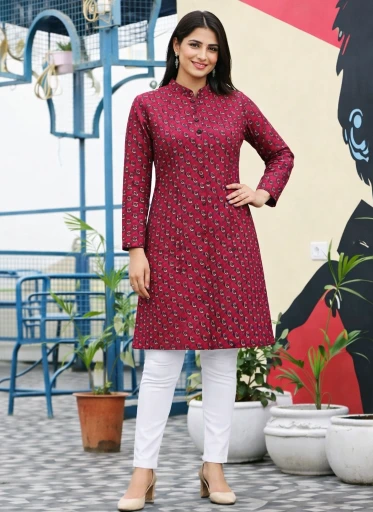 Long Coat For Winter Season - Maroon-Blue Print